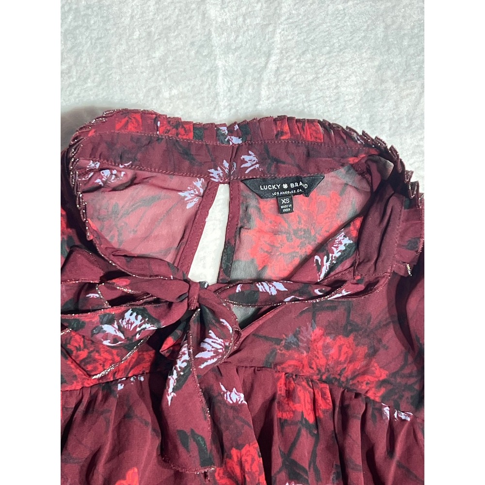 Lucky Brand Floral Ruffle Neck Tie Front Bell Sleeve Blouse Burgundy XS